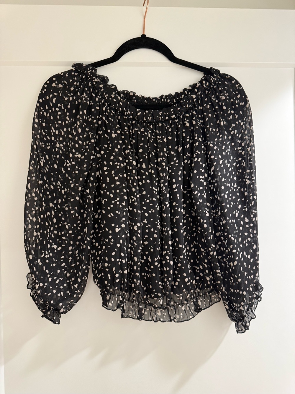 Black Sheer Spot-Print Peasant Blouse
